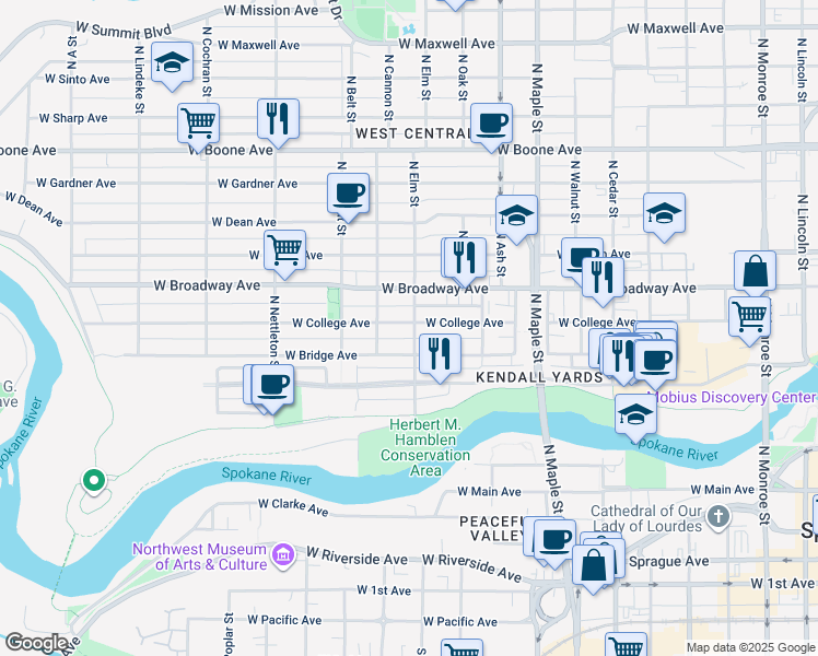 map of restaurants, bars, coffee shops, grocery stores, and more near 1913 West Broadway Avenue in Spokane