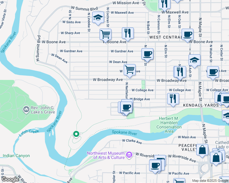 map of restaurants, bars, coffee shops, grocery stores, and more near 2325 West Broadway Avenue in Spokane