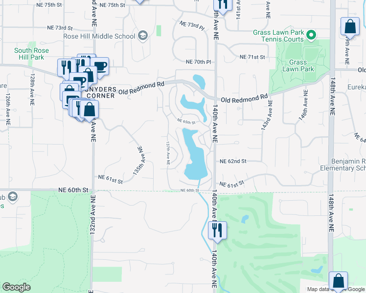 map of restaurants, bars, coffee shops, grocery stores, and more near 13859 Northeast 65th Street in Redmond