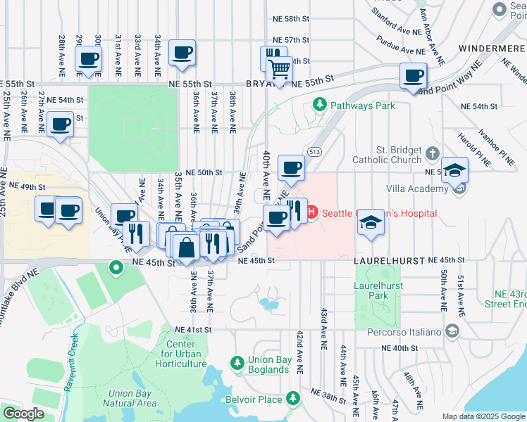 map of restaurants, bars, coffee shops, grocery stores, and more near 4728 40th Avenue Northeast in Seattle