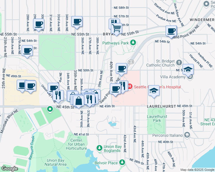 map of restaurants, bars, coffee shops, grocery stores, and more near 4851 Terrace Drive Northeast in Seattle