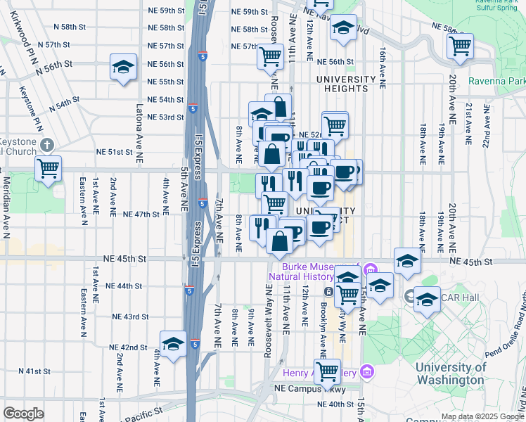 map of restaurants, bars, coffee shops, grocery stores, and more near 4735 Roosevelt Way Northeast in Seattle
