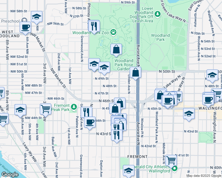 map of restaurants, bars, coffee shops, grocery stores, and more near 4813 Fremont Avenue North in Seattle