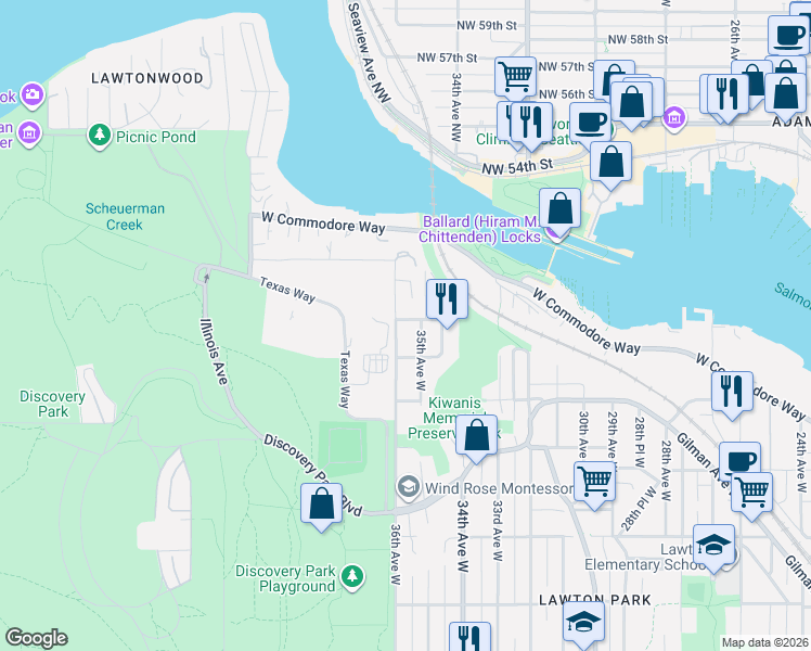 map of restaurants, bars, coffee shops, grocery stores, and more near 4601 Lawton Lane West in Seattle