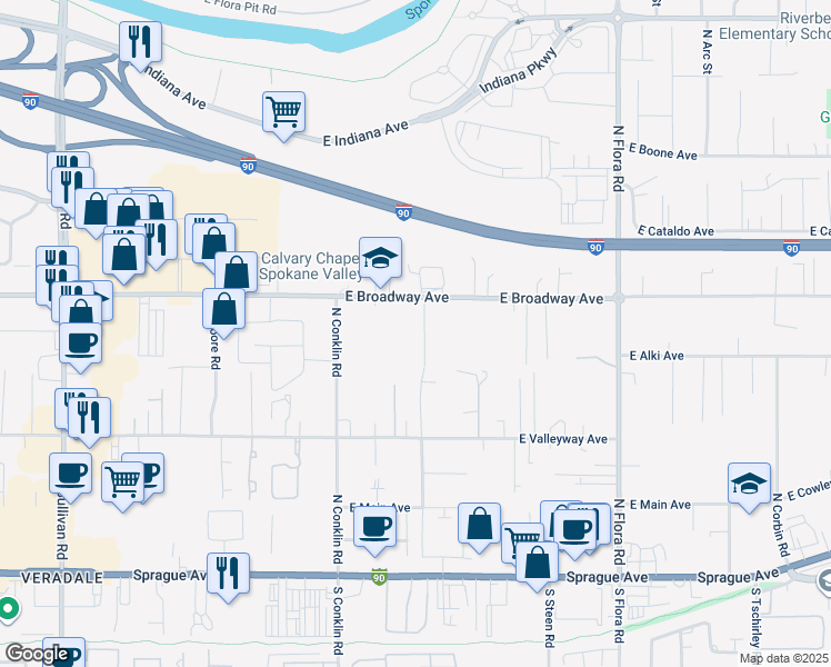 map of restaurants, bars, coffee shops, grocery stores, and more near 16506 East Broadway Avenue in Spokane Valley