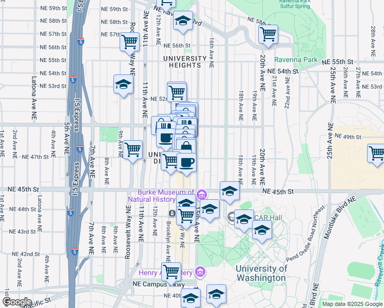 map of restaurants, bars, coffee shops, grocery stores, and more near 4710 University Way Northeast in Seattle