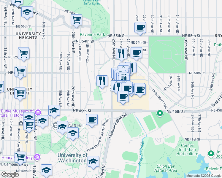 map of restaurants, bars, coffee shops, grocery stores, and more near 4715 25th Avenue Northeast in Seattle