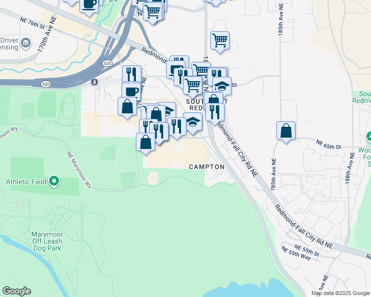 map of restaurants, bars, coffee shops, grocery stores, and more near 17950 Northeast 65th Street in Redmond