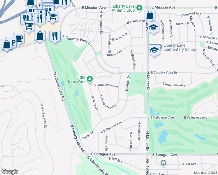 map of restaurants, bars, coffee shops, grocery stores, and more near 23029 East Broadway Avenue in Liberty Lake