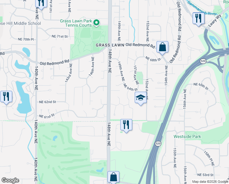 map of restaurants, bars, coffee shops, grocery stores, and more near 14822 Northeast 64th Street in Redmond