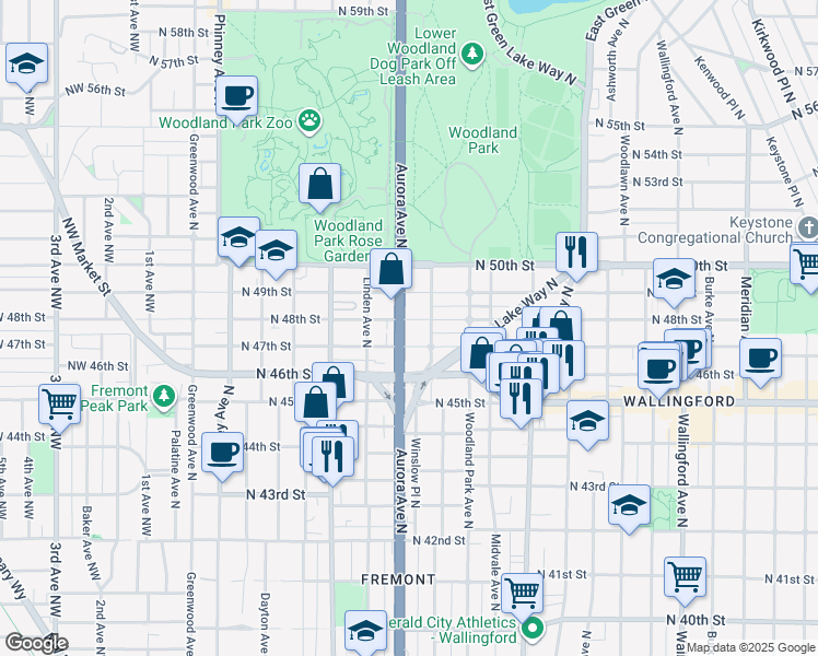 map of restaurants, bars, coffee shops, grocery stores, and more near 819 North 49th Street in Seattle