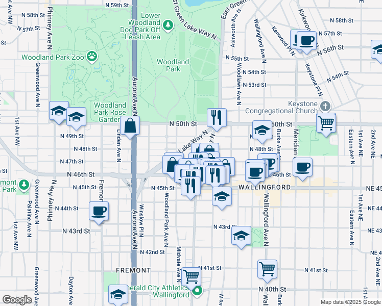 map of restaurants, bars, coffee shops, grocery stores, and more near 1227 North 48th Street in Seattle