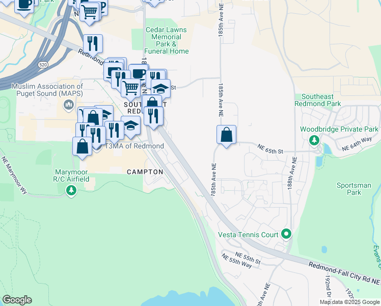 map of restaurants, bars, coffee shops, grocery stores, and more near 18300 Redmond Way in Redmond