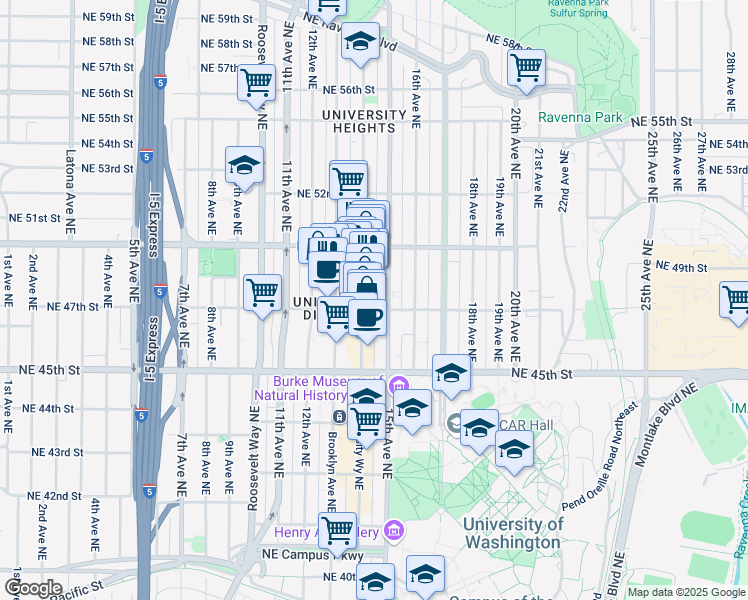 map of restaurants, bars, coffee shops, grocery stores, and more near 4710 University Way Northeast in Seattle