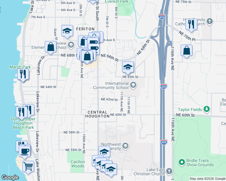 map of restaurants, bars, coffee shops, grocery stores, and more near 10903 Northeast 64th Street in Kirkland
