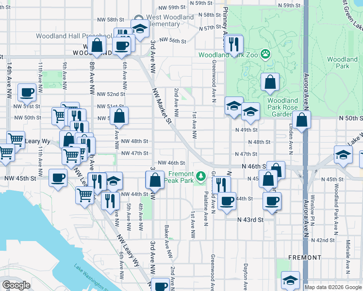 map of restaurants, bars, coffee shops, grocery stores, and more near 121 Northwest 49th Street in Seattle
