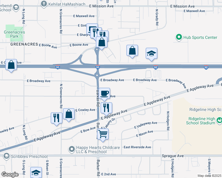 map of restaurants, bars, coffee shops, grocery stores, and more near 18814 East Broadway Avenue in Spokane Valley