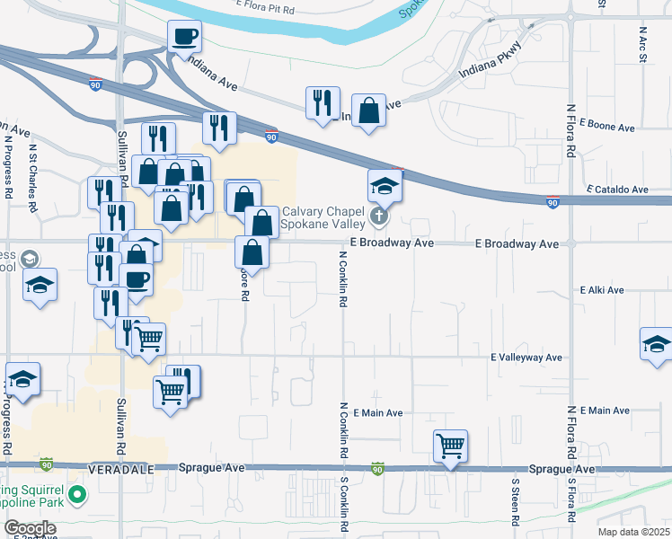 map of restaurants, bars, coffee shops, grocery stores, and more near 723 North Conklin Road in Spokane Valley