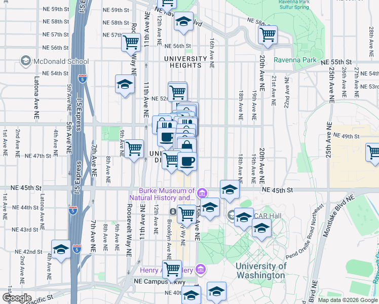 map of restaurants, bars, coffee shops, grocery stores, and more near 4728 University Way Northeast in Seattle