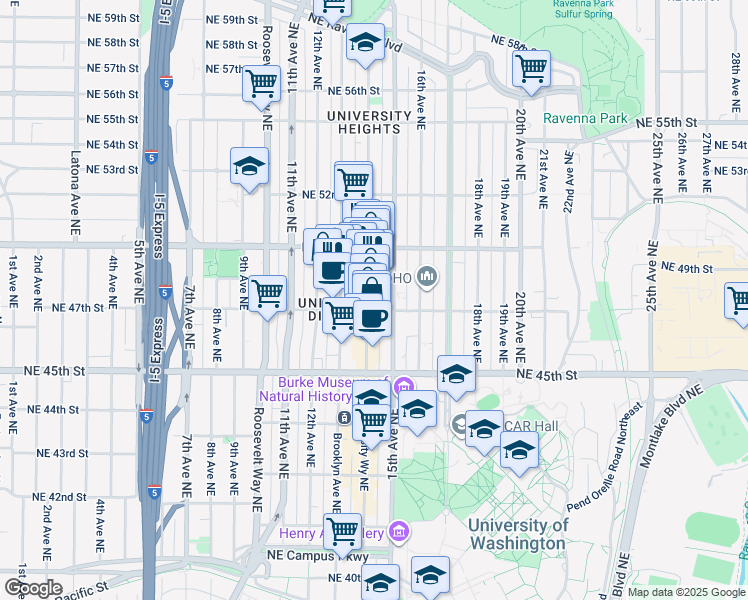 map of restaurants, bars, coffee shops, grocery stores, and more near 4728 University Way Northeast in Seattle