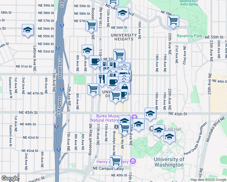map of restaurants, bars, coffee shops, grocery stores, and more near 4727 Brooklyn Avenue Northeast in Seattle
