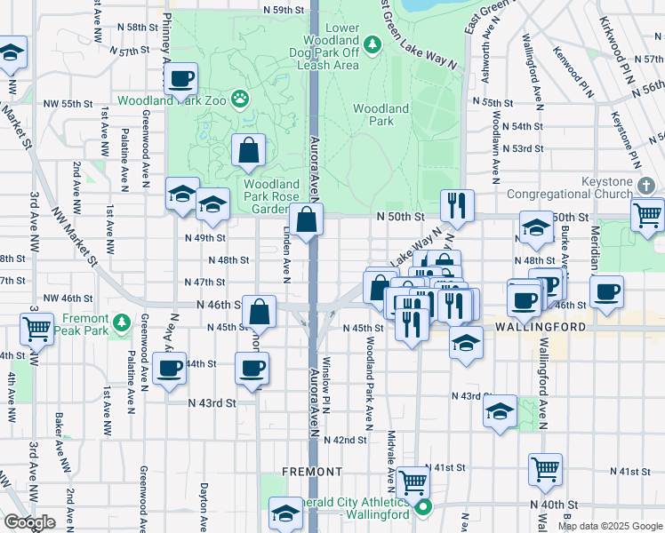 map of restaurants, bars, coffee shops, grocery stores, and more near 1001 North 49th Street in Seattle