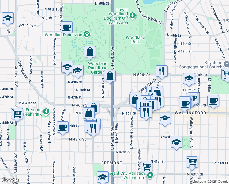 map of restaurants, bars, coffee shops, grocery stores, and more near 819 North 49th Street in Seattle