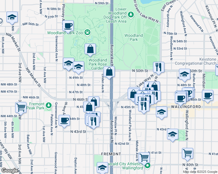 map of restaurants, bars, coffee shops, grocery stores, and more near 819 North 49th Street in Seattle