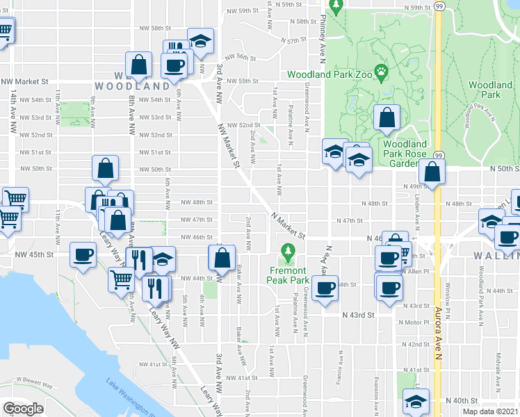 map of restaurants, bars, coffee shops, grocery stores, and more near 121 Northwest 49th Street in Seattle