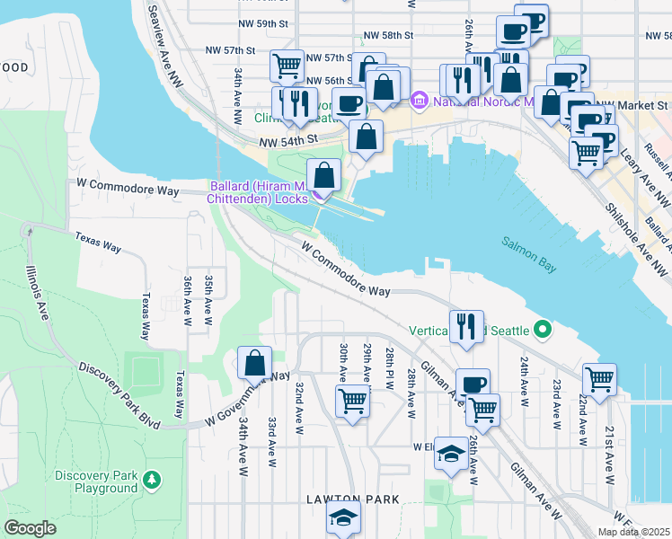 map of restaurants, bars, coffee shops, grocery stores, and more near 3100 West Commodore Way in Seattle