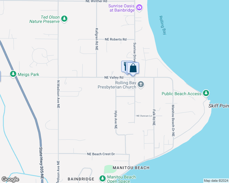 map of restaurants, bars, coffee shops, grocery stores, and more near 11130 Hyla Avenue Northeast in Bainbridge Island