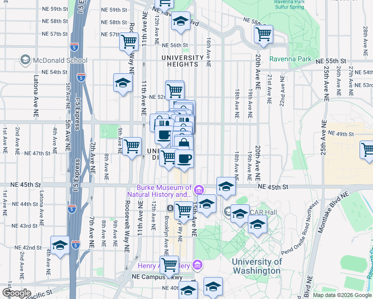 map of restaurants, bars, coffee shops, grocery stores, and more near 4728 University Way Northeast in Seattle