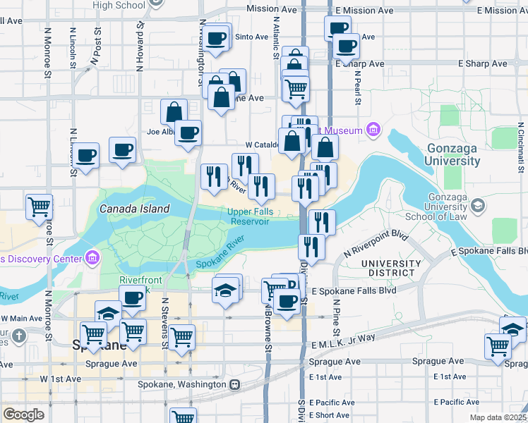 map of restaurants, bars, coffee shops, grocery stores, and more near West North River Drive in Spokane
