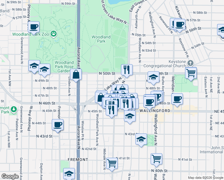 map of restaurants, bars, coffee shops, grocery stores, and more near 1225 North 48th Street in Seattle