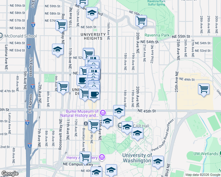 map of restaurants, bars, coffee shops, grocery stores, and more near 4733 17th Avenue Northeast in Seattle