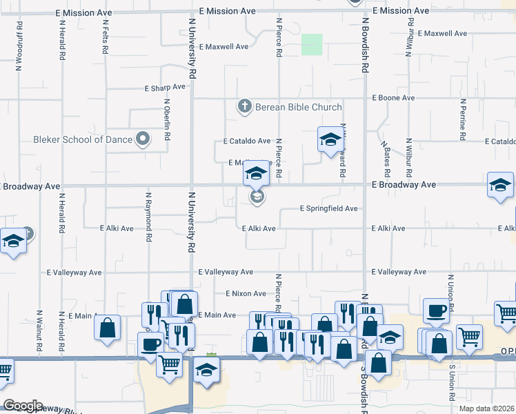 map of restaurants, bars, coffee shops, grocery stores, and more near 11016 East Broadway Avenue in Spokane Valley