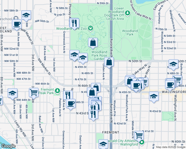 map of restaurants, bars, coffee shops, grocery stores, and more near 623 North 48th Street in Seattle