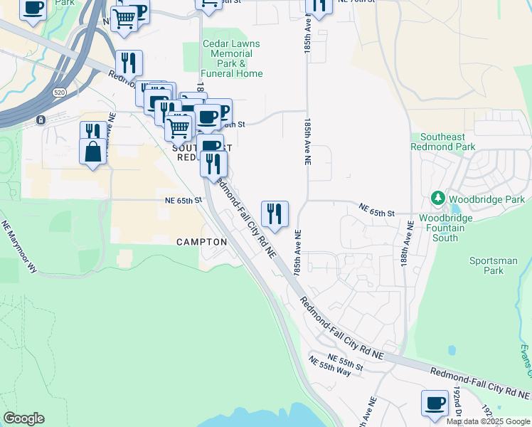 map of restaurants, bars, coffee shops, grocery stores, and more near 18300 Redmond Way in Redmond