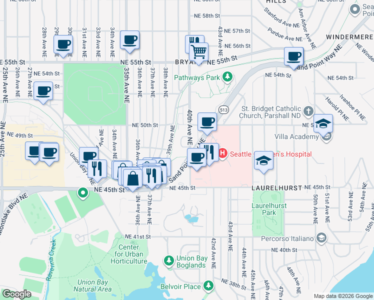 map of restaurants, bars, coffee shops, grocery stores, and more near 4728 40th Avenue Northeast in Seattle