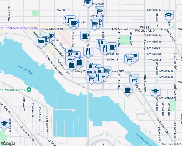 map of restaurants, bars, coffee shops, grocery stores, and more near 1450 Northwest Leary Way in Seattle