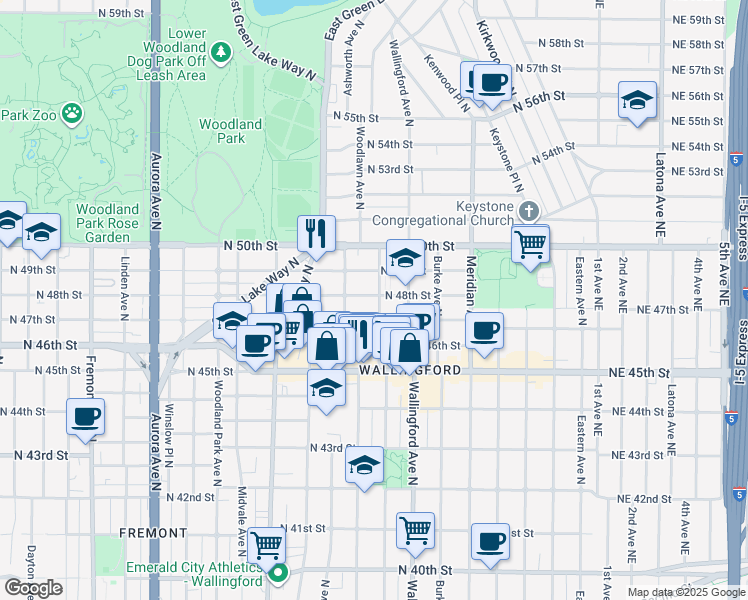 map of restaurants, bars, coffee shops, grocery stores, and more near 4717 Densmore Avenue North in Seattle
