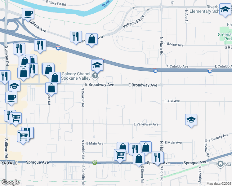 map of restaurants, bars, coffee shops, grocery stores, and more near 16608 East Broadway Avenue in Spokane Valley