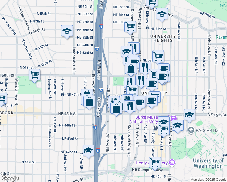 map of restaurants, bars, coffee shops, grocery stores, and more near 4728 7th Avenue Northeast in Seattle