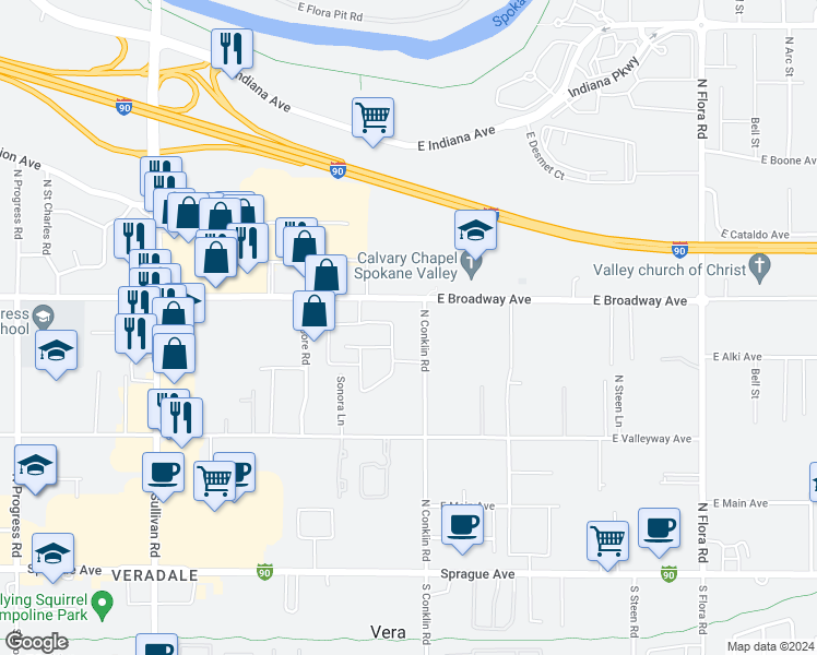 map of restaurants, bars, coffee shops, grocery stores, and more near 723 North Conklin Road in Spokane Valley