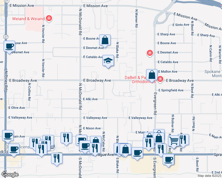 map of restaurants, bars, coffee shops, grocery stores, and more near 13404 East Broadway Avenue in Spokane Valley