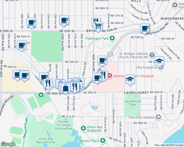 map of restaurants, bars, coffee shops, grocery stores, and more near 4728 40th Avenue Northeast in Seattle
