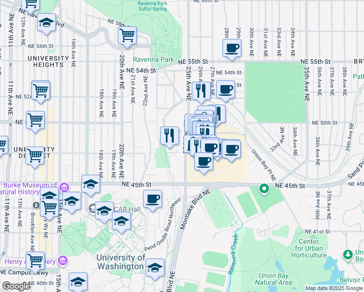map of restaurants, bars, coffee shops, grocery stores, and more near 4750 25th Avenue Northeast in Seattle