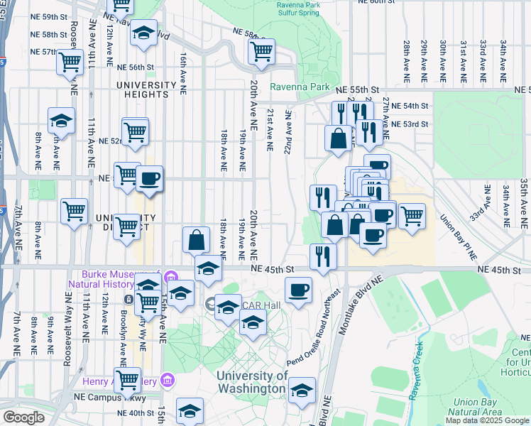 map of restaurants, bars, coffee shops, grocery stores, and more near 4742 20th Avenue Northeast in Seattle