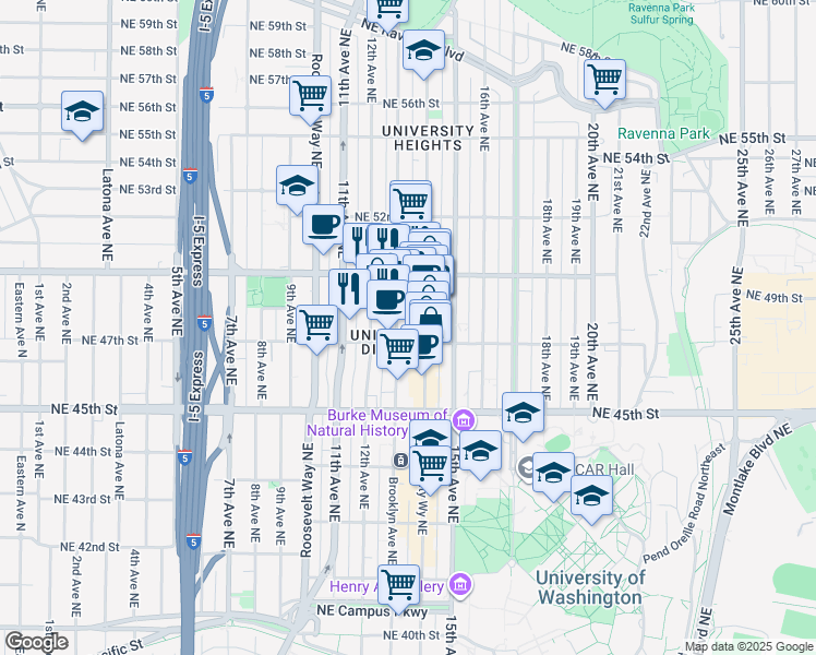 map of restaurants, bars, coffee shops, grocery stores, and more near 4727 Brooklyn Avenue Northeast in Seattle