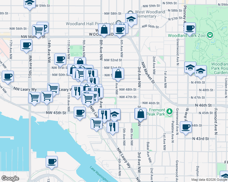 map of restaurants, bars, coffee shops, grocery stores, and more near 4811 6th Avenue Northwest in Seattle